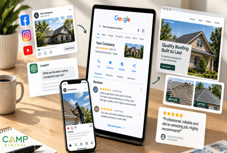 A digital display showing a Google business profile for a roofing company, surrounded by social media posts, a chatbot interface, and customer reviews.