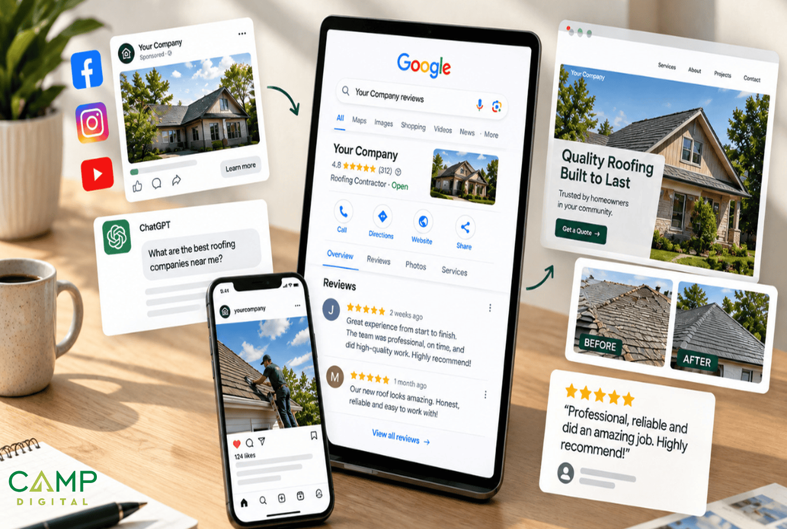 A digital display showing a Google business profile for a roofing company, surrounded by social media posts, a chatbot interface, and customer reviews.