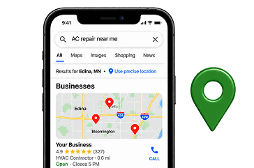 A smartphone displays Google search results for “AC repair near me,” showing a map with business locations and ratings in Edina, MN. A green map pin icon is on the right.