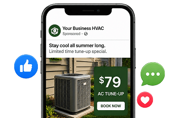 A smartphone displays an HVAC service ad offering a $79 AC tune-up. Social media icons surround the phone.