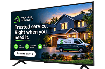 Television displaying an ad for a home services company, showing a modern house, service van, and text about trusted service and scheduling.