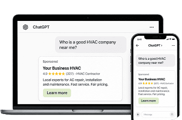 A laptop and smartphone display a ChatGPT interface showing a search for HVAC companies and a sponsored result for a local business.