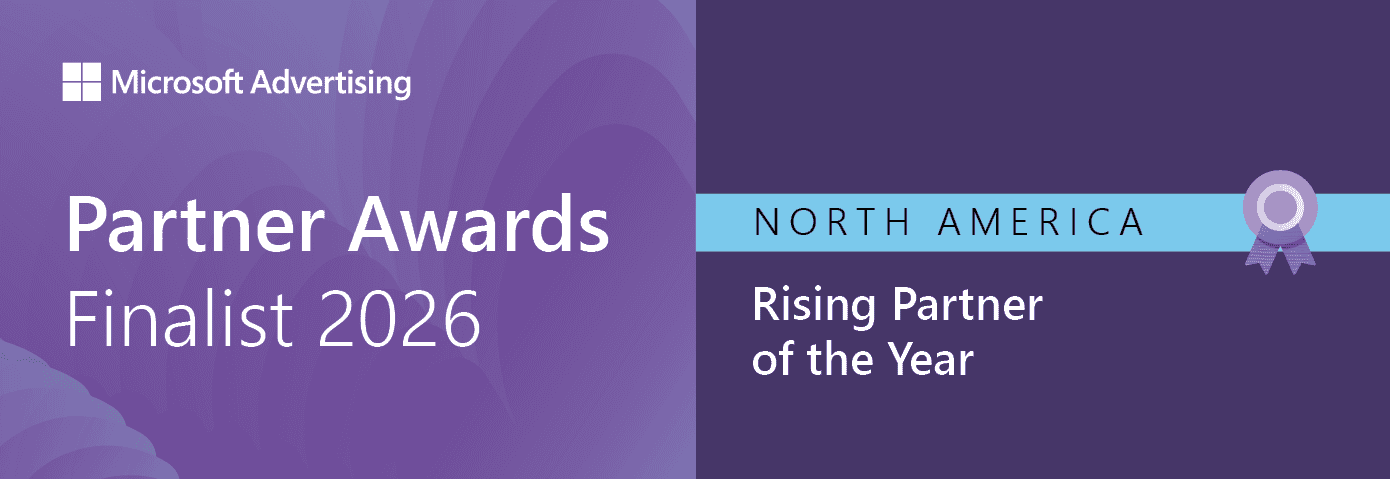 Microsoft Advertising Partner Awards Finalist 2026; North America Rising Partner of the Year—recognized for outstanding Marketing Awards & Accolades, with a ribbon icon on the right.