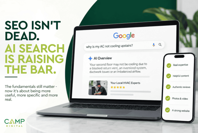 A laptop and smartphone displaying a Google AI search result about HVAC issues, with text reading “SEO isn’t dead. AI search is raising the bar.” and a checklist of SEO requirements.